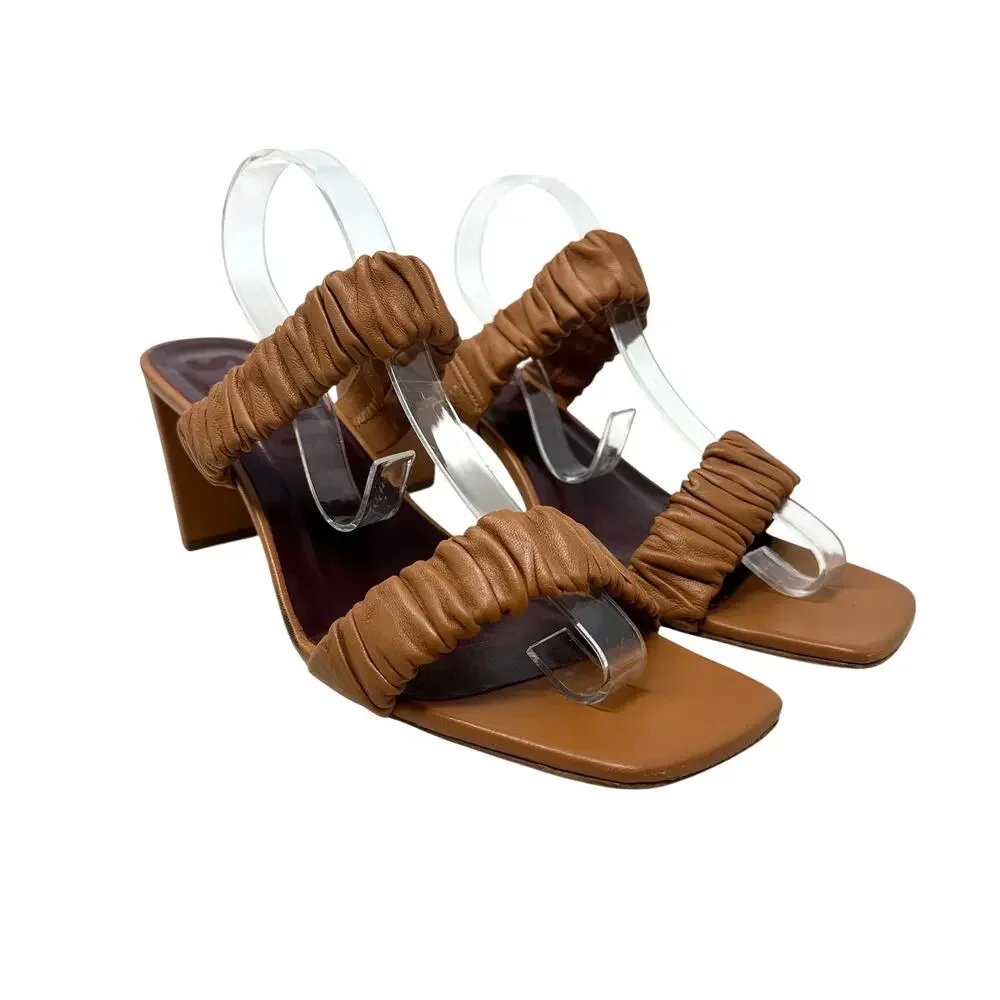 Staud‎ Frankie Ruched Leather Sandals Heels Brown Tan Size 42 US 12